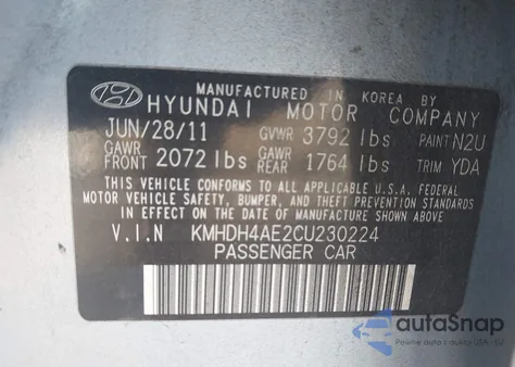 2012 Hyundai Elantra Gls (Ulsan Plant) из США, поврежденный, VIN KMHDH4AE2CU230224